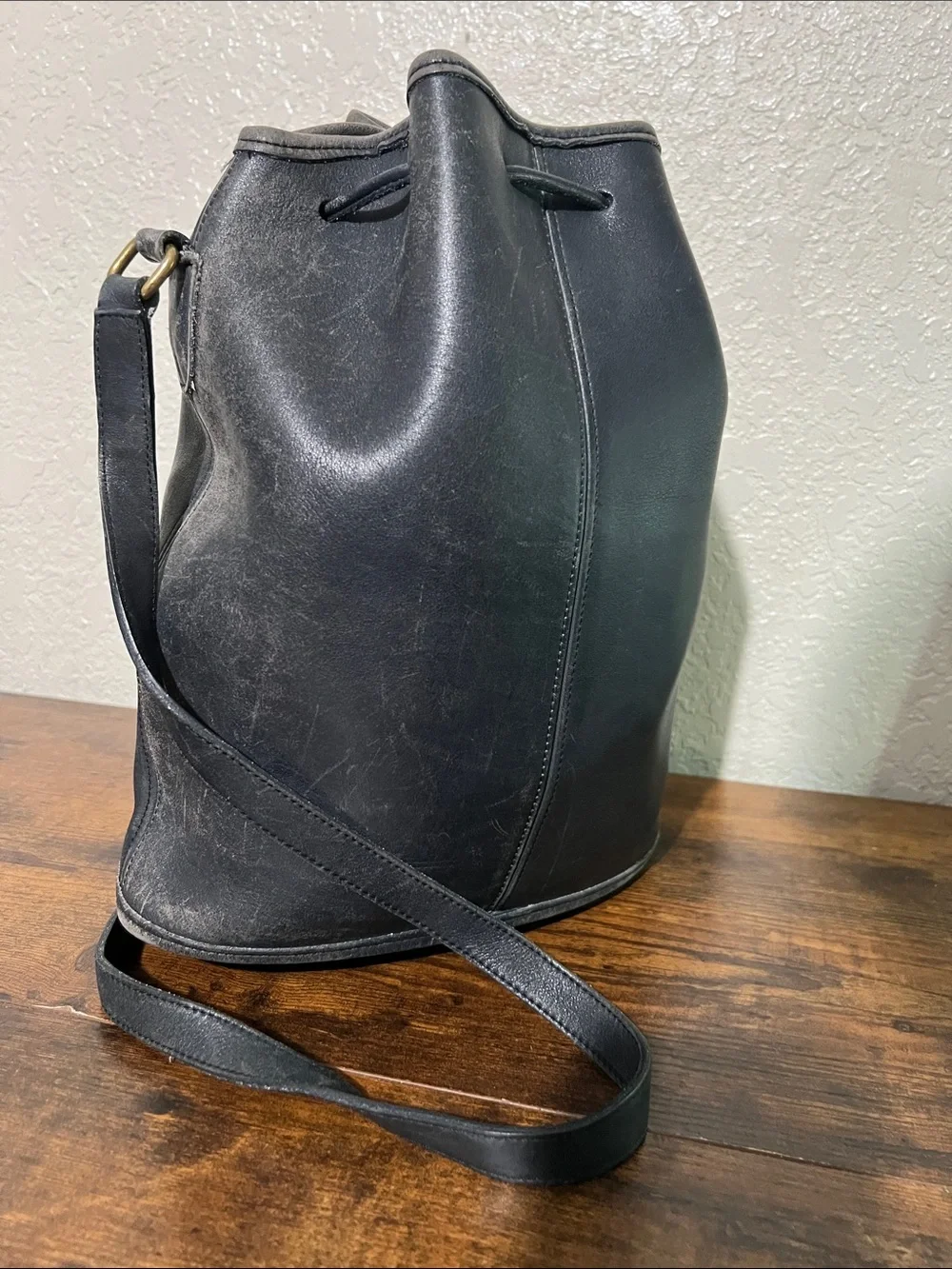 Very RARE Coach Black Leather Drawstring Hobo Bag